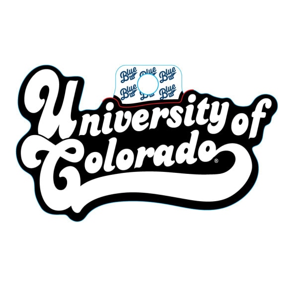A retro slash groovy white and black font University of Colorado sticker.
